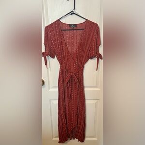 Lulu's Tabatha Wine Red Print Wrap Midi
Dress
